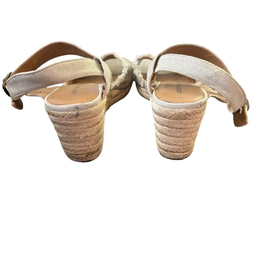 Lucky Brand Mindra Linen Espadrille Wedge Sandals Tan Fringe 9M LK-MINDRA